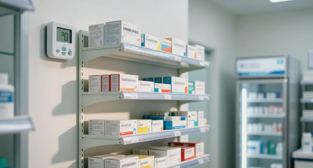 Área de almacenamiento organizada en farmacia con estanterías, control de temperatura y refrigerador para medicamentos termolábiles