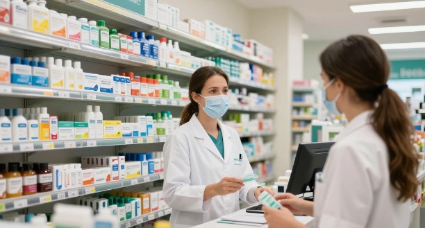 Interior de una farmacia de barrio organizada, con personal capacitado atendiendo a un cliente en ambiente climatizado