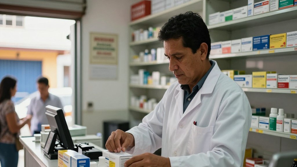Interior realista de farmacia de barrio en Colombia con farmacéutico organizando medicamentos