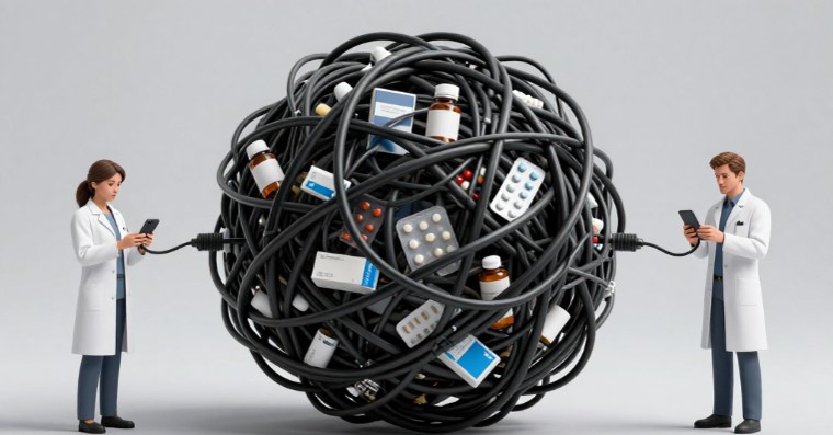 Esfera de cables enmarañados con productos farmacéuticos en su interior conectando a un farmacéutico y un cliente mediante teléfonos inteligentes, metáfora de la fragmentación digital en Colombia