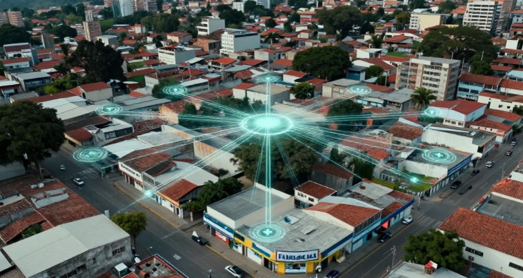 Mapa visual de integración colaborativa en el sector farmacéutico colombiano mostrando farmacias independientes conectadas a una plataforma digital central con inventarios en tiempo real, marketplace nacional y analítica compartida