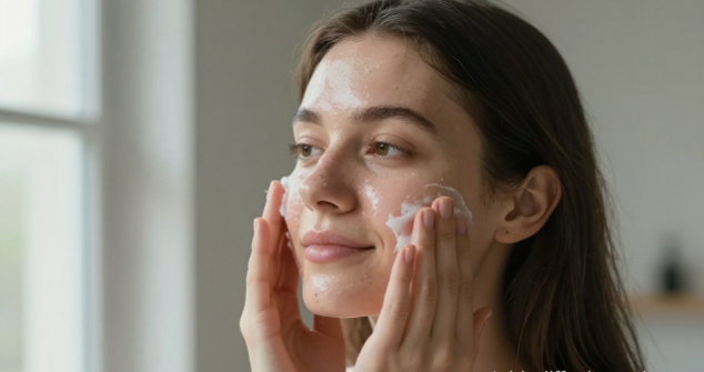 Productos para el cuidado de piel grasa sobre una superficie de madera junto a una ventana con luz natural suave