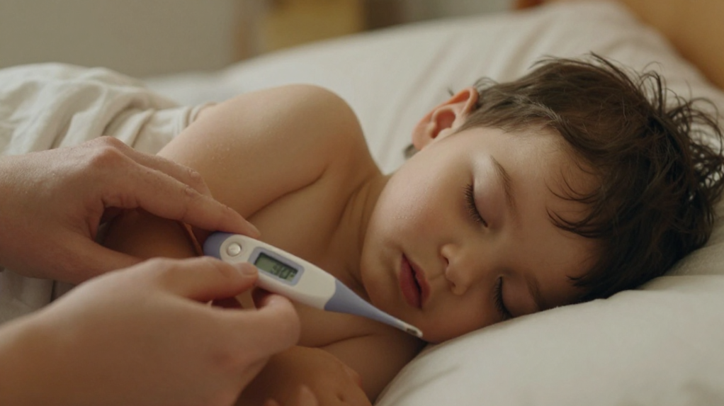 Medición de temperatura axilar en bebé con termómetro digital marcando 38 grados Celsius